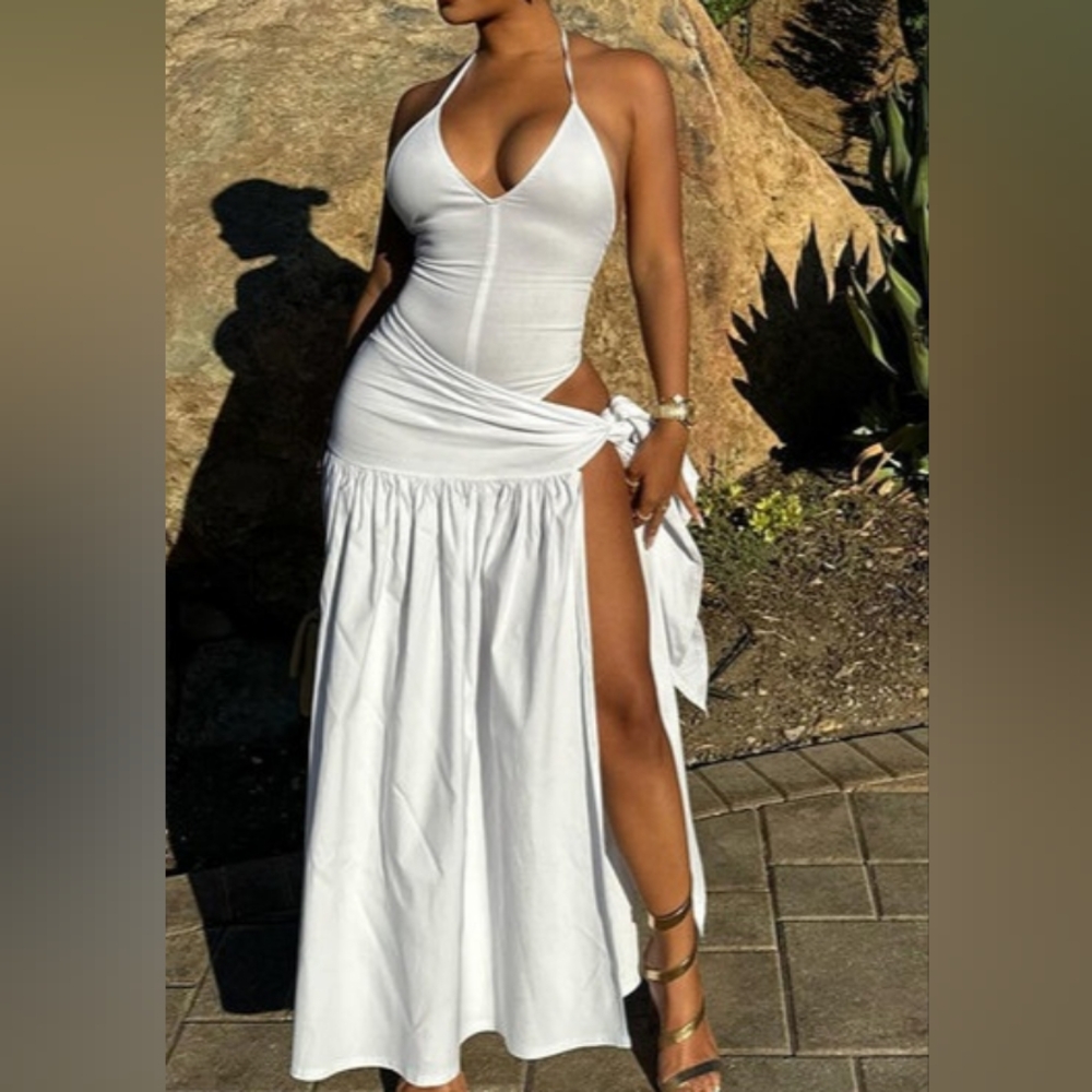 Baecation Midi White Halter Dress